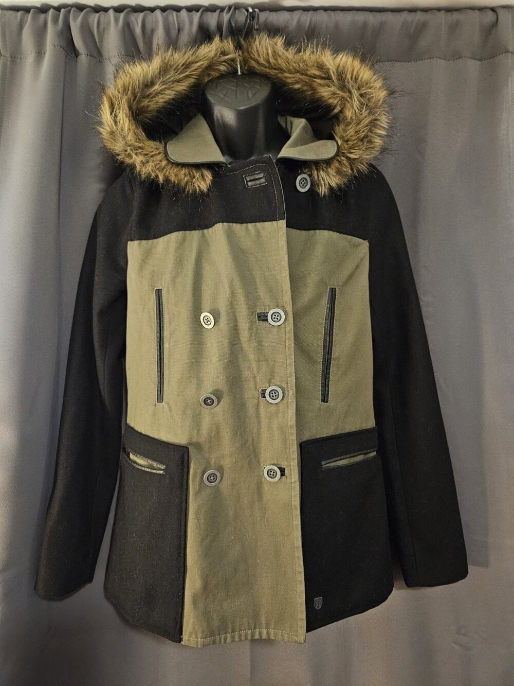VTG 2014 Vans Off The Wall Women's Medium Colorblock Wool Canvas Jacket Fur Hood